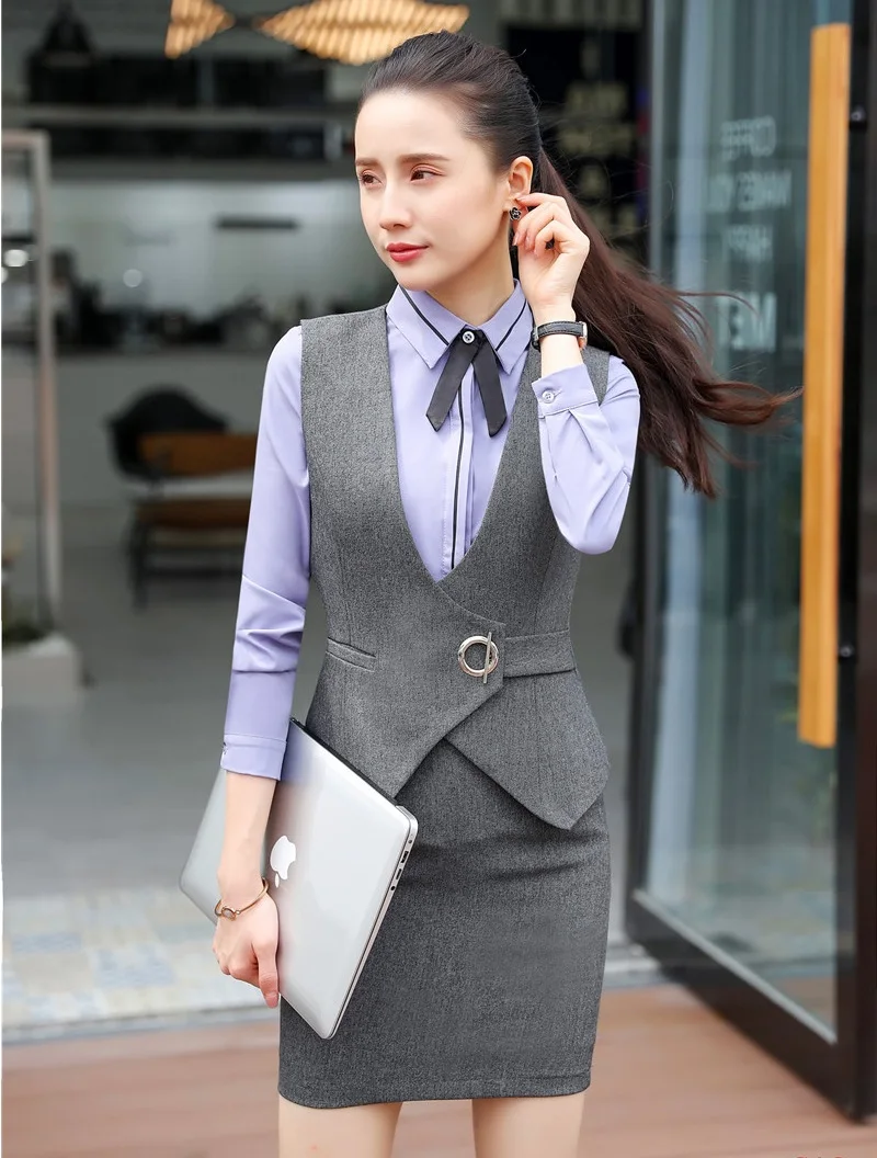 Ladies Grey Vest Waistcoat Women Business Suits 2 Piece Skirt and Top Sets Office Uniform
