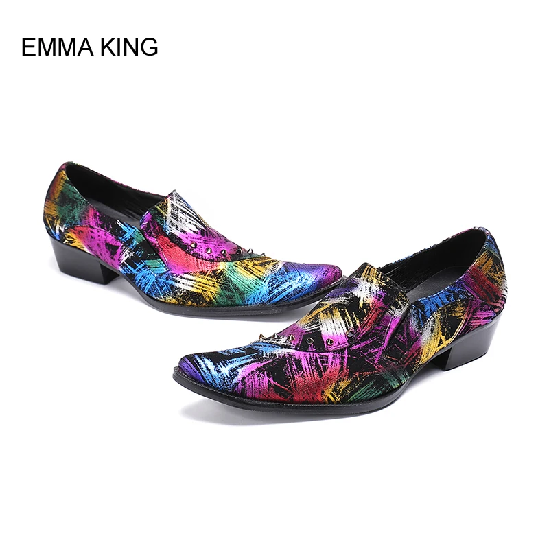 

EMMA KING Genuine Cow Leather Men Shoes Mixed Color Rivet Decoration Zapatos De Hombre Pointed Toe Slip On Formal Shoes Male