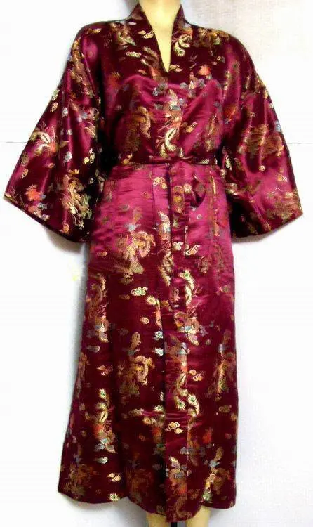 Горячая Распродажа синий китайский Мужской Атласный халат из полиэстера дракон феникс кимоно банное платье размер S M L XL XXL 3XL LDF-6 - Цвет: burgundy
