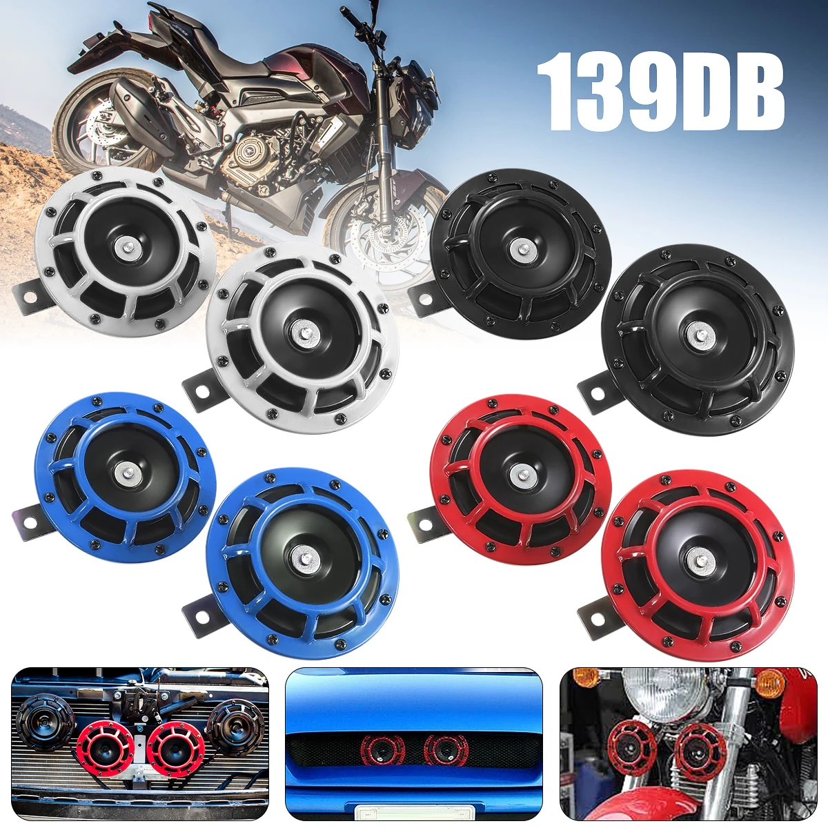 سيارة دراجة نارية صفارات الانذار المزدوج لهجة الكهربائية مضخة الصاخبة الهواء القرن 12 V 139db خارج الطريق مصبغة القرن الأزرق الفضة الأسود الأحم...