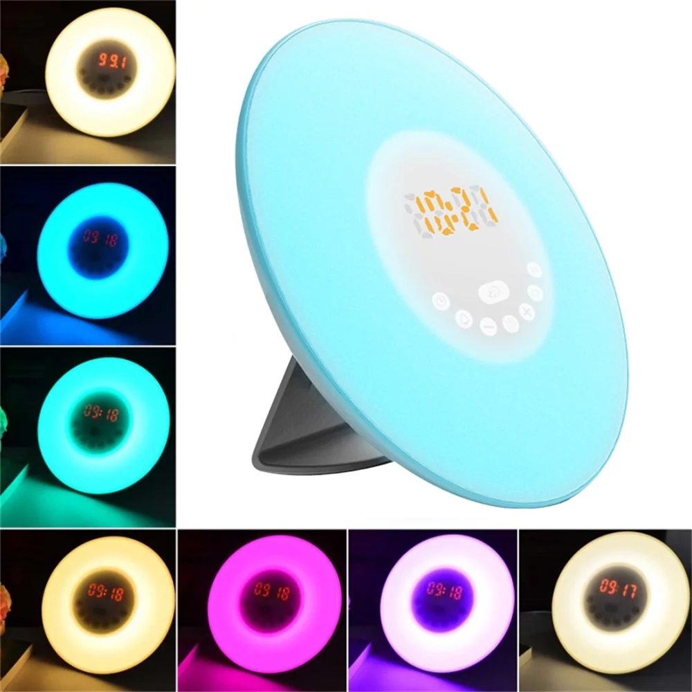 Comprar Reloj despertador Sunrise Sunset simulación reloj Digital luminoso con Radio FM 7 colores lámpara de luz Control táctil relojes de mesa de dormir