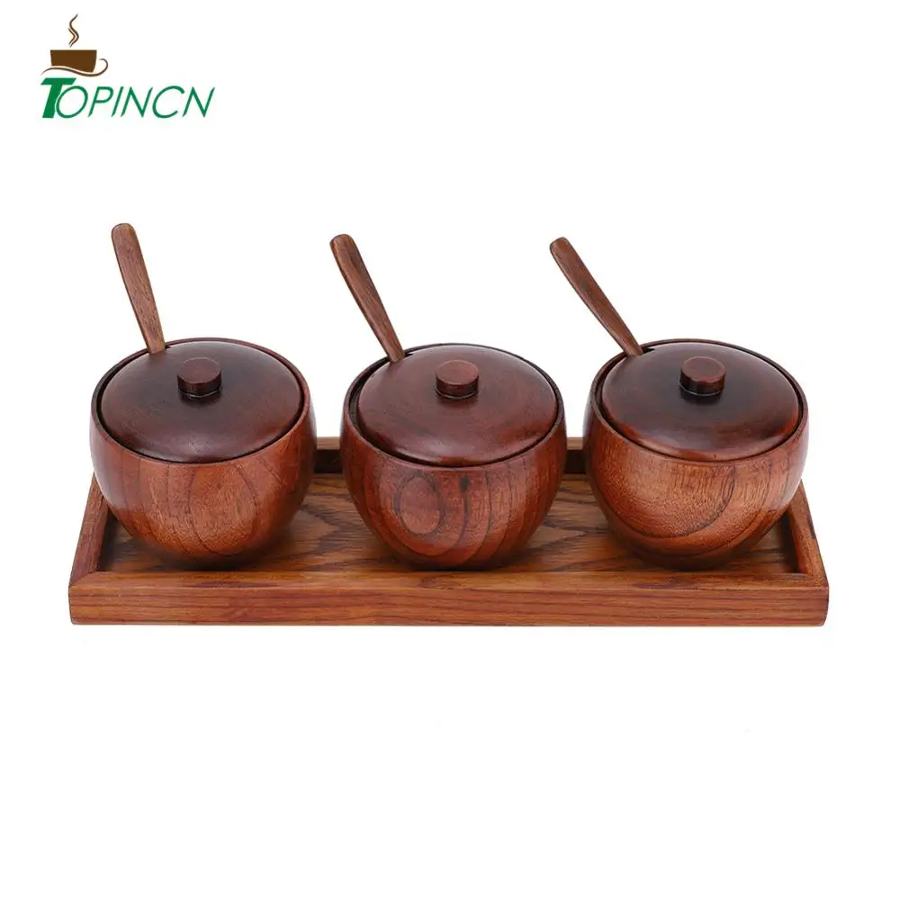 

3Pcs Retro Spice Jar Kitchen Spice Rack High Quality Wooden Salt and Pepper Seasoning Pot Sugar Bowl with Lid