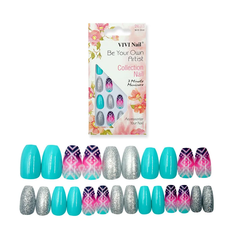 24 шт. накладные ногти серебристого цвета с блестками|press on nails|press onfashion nail tips |