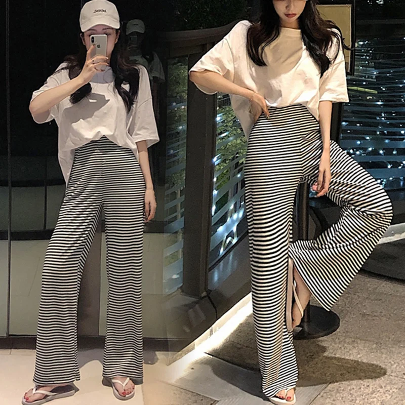 

2050# Wide Leg Striped Viscose Loose Maternity Long Pants Adjustable Belly Casual Pants for Pregnant Women Summer Pregnancy Wear