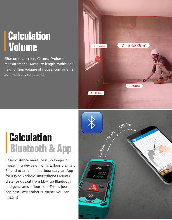 Mileseey T7 Лазерный дальномер 60 м Bluetooth лазерный дальномер с поворотным сенсорным экраном Rechargerable угол/площадь лазерный метр