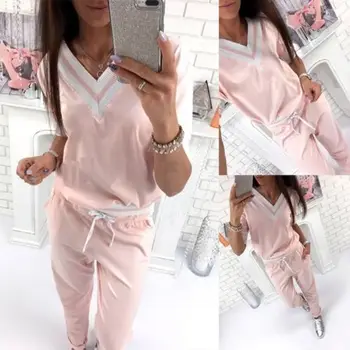 

Women Casual Tracksuit Sweatsuit Pullover Top V-neck Pink Pants Long Sleeve Autumn Hoodie Suit 2PCS Pajamas Set