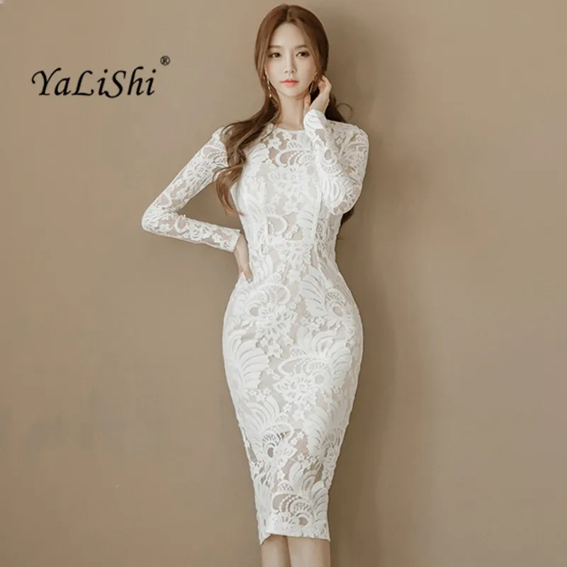 

2017 Autumn Women Dress Office Sexy Long Sleeve Bandage Bodycon Dress White Pencil Lace Dress Vintage Party Dresses Vestidos