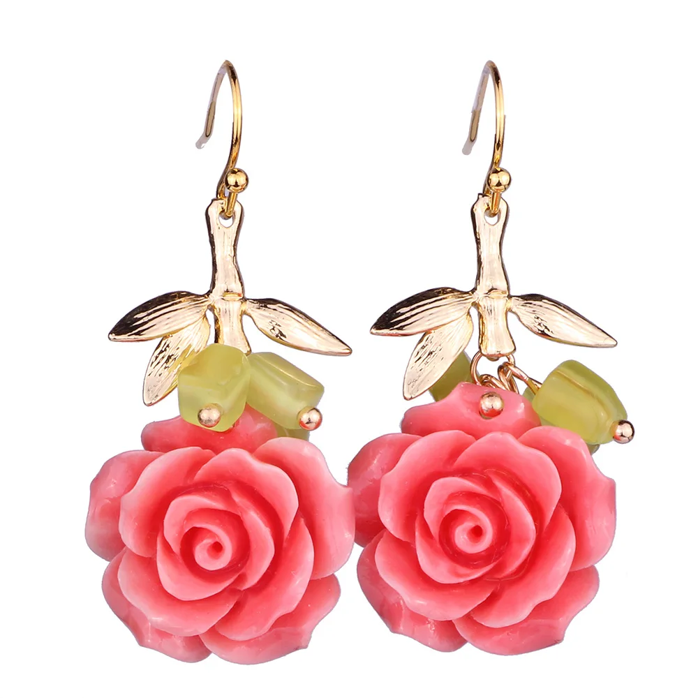 

FARLENA JEWELRY Unique Design Pink Shell Powder Rose Drop Earrings with Natural stone Trendy Earrings for Women
