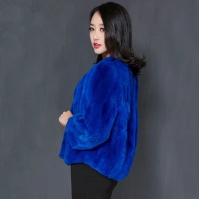 Новое Осеннее зимнее пальто из натурального меха кролика рекс женское приталенное модное пальто из натурального меха с круглым вырезом верхняя одежда размера плюс женская куртка - Цвет: Blue