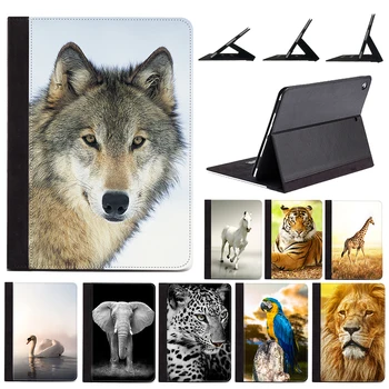

For iPad Air 1 2 9.7" 5th 2017 6th 2018 Generation Wild Animal Pattern Elephant Lion Wolf Horse Cute PU Leather Case Stand Cover