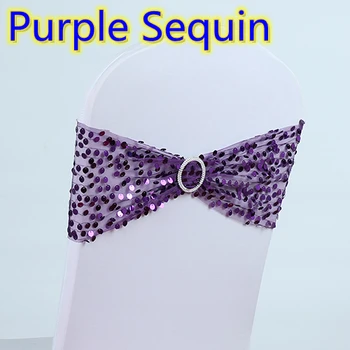 

Purple Colour Luxury design sequin Chair Sash Wedding Decoration Lycra Spandex Sash Fit All Chairs round buckle party hotel