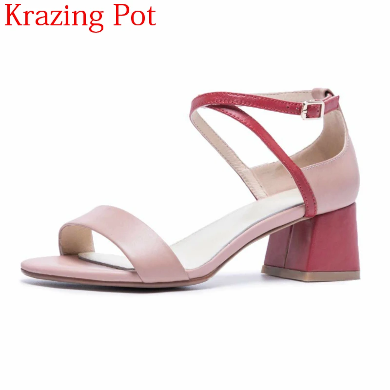 

2018 New Arrival Genuine Leather Open Toe Thick Med Heels Sandals Mixed Colors Buckle Straps Concise Sweet Office Lady Shoe L00