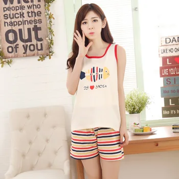 

Summer Cotton Women's Striped Pajama Sets Cute Cartoon Sleepwear Mujer Pijama Feminino Pajamas Sleeveless Pyjamas Home Clothing