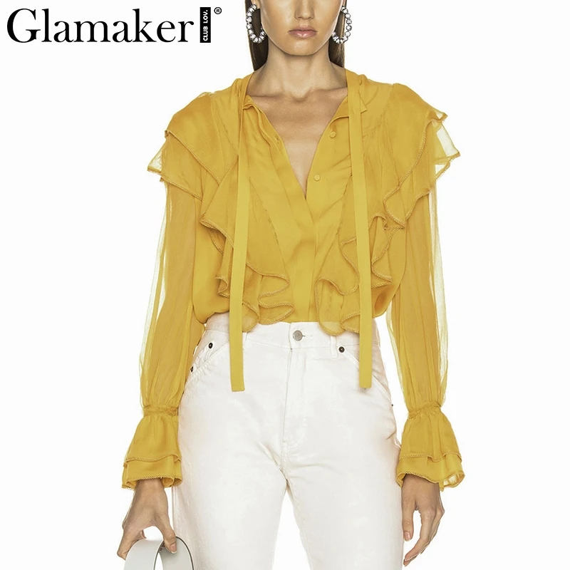 

Glamaker Chiffon sexy elegant blouse shirt Female summer ruffles v neck blouse Women long lantern sleeve causal ladies blouses