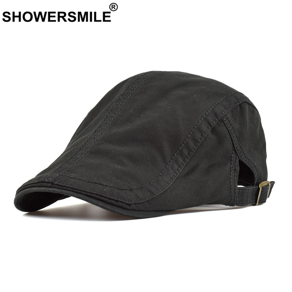 

SHOWERSMILE Summer Flat Cap Men Vintage 100% Cotton Cap Black British Adjustable Male Duckbill Ivy Cap Button Mens Beret Hat