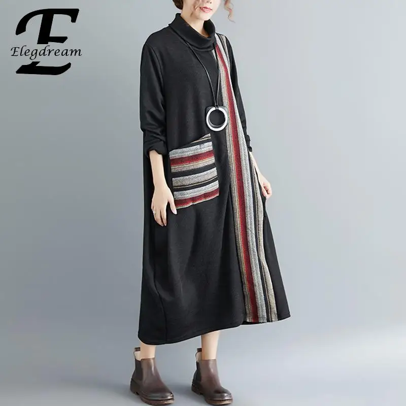 

Elegdream Brand Plus Size Women Casual Loose Long Sleeve Striped Dress Lady Spring Autumn Long Dresses Female Tunic Vestidos 3XL