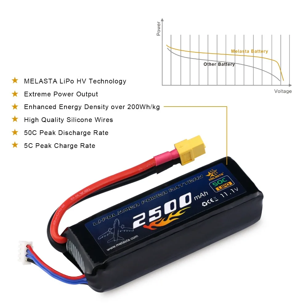 Melasta 2500mAh 3S 11,1 V 50C LiPo RC батарея 14AWG с разъемом XT60 для гоночного автомобиля RC грузовика