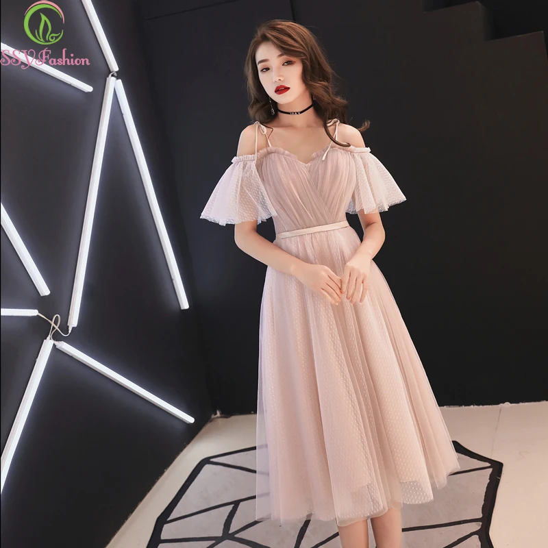

SSYFashion 2019 New Bridemaid Dresses Sweetheart Nude Pink Short A-line Knee-length Simple Party Formal Gowns Robe De Soiree