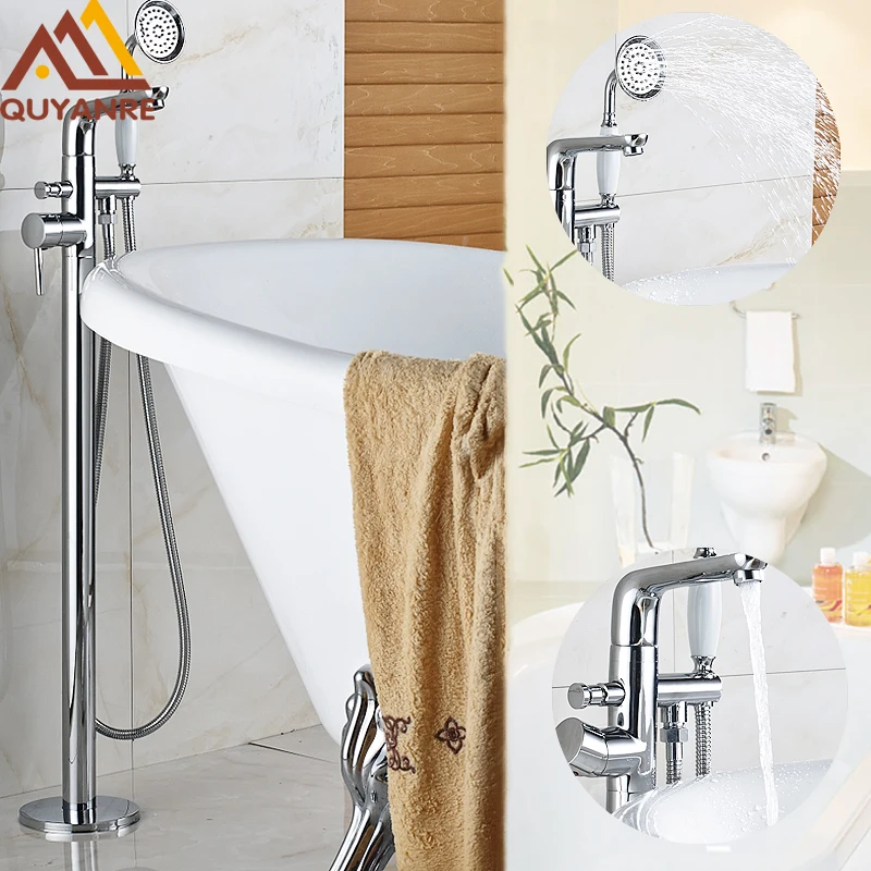 

Chrome Polish Bath & Shower Faucets One Handle With Ceramic Handheld Shower Floor Standing Bath Tub Mixer Faucet
