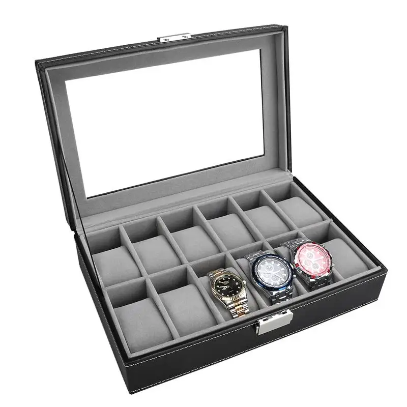 

OUNONA 12 Slots Leather Glass Window Watch Holder Folding Display Storage Store Organizer With Lock Box Case