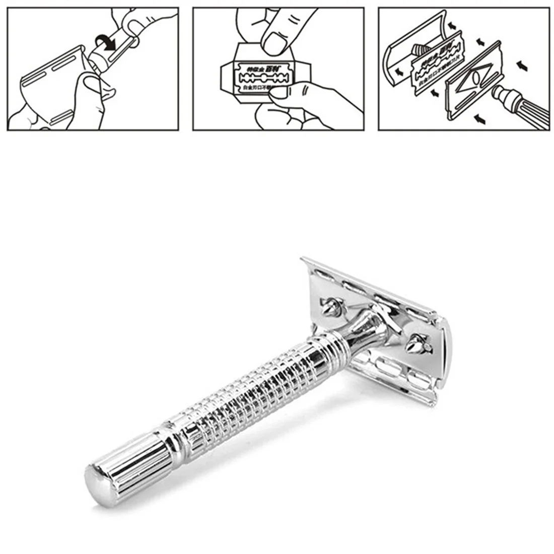 Мужская традиционная Двусторонняя бритва с лезвием, серебристая ручная бритва