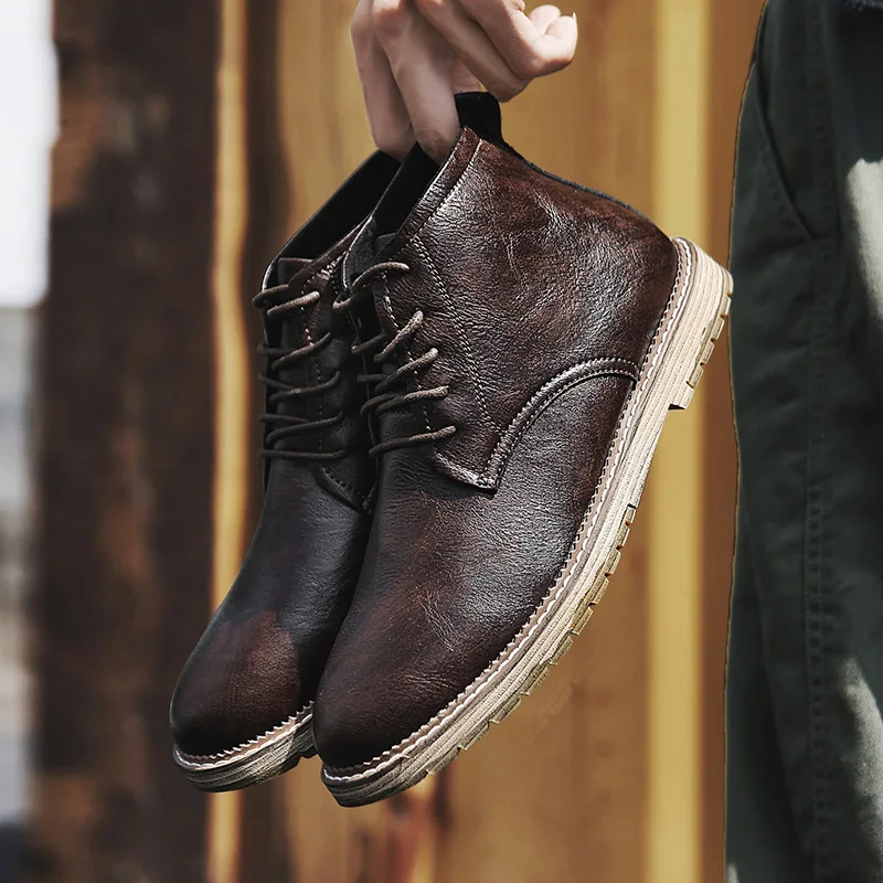 Для мужчин ботинки из натуральной кожи Высококачественные ботильоны Демисезонный и зимняя мужская обувь полусапожки Для мужчин Зимние обуви Работа размер 38-47 - Цвет: Brown