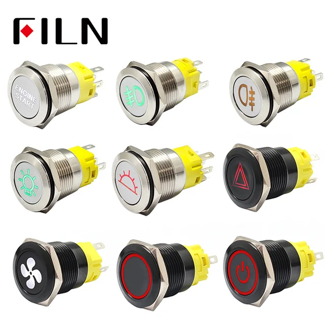 19mm 12v LED stainless steel black metal push button ...