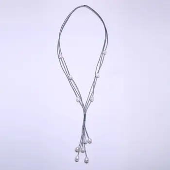 

Gray Leather 10-11mm String Pearl Necklace 68 cm Long, 5 Star Pendant 10.5 cm Long