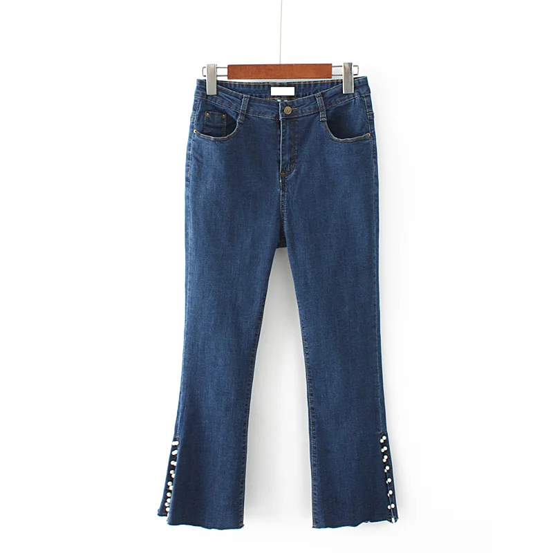

M1s New large size female 2018 denim nine pants Korean fan wild beading base small bell pants autumn dsd280 cherry