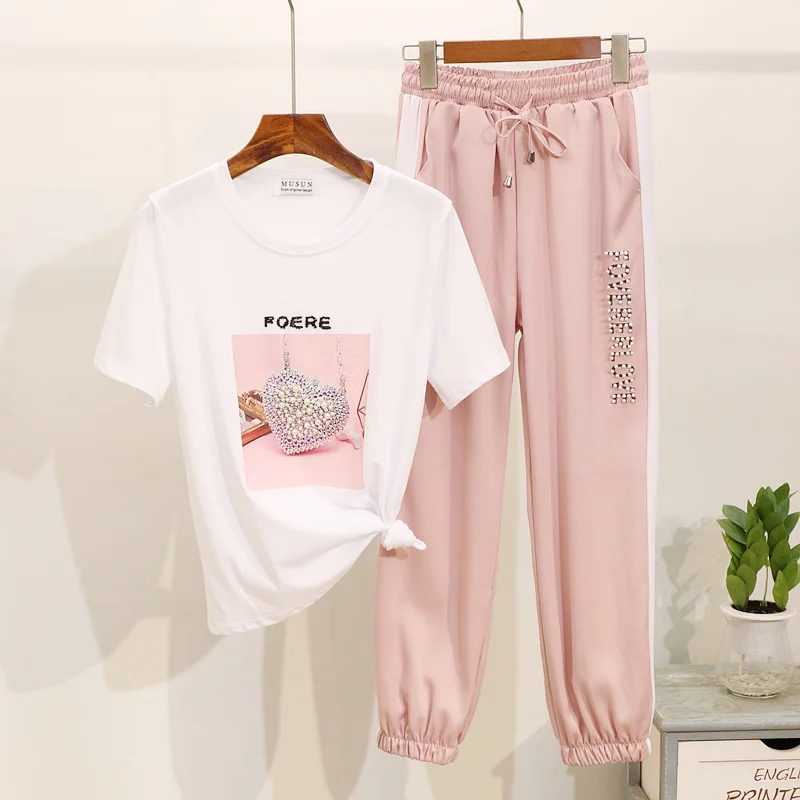 

Pant suit 2019 summer new fashion beaded print T-shirt + nine pants pants slim two-piece suit