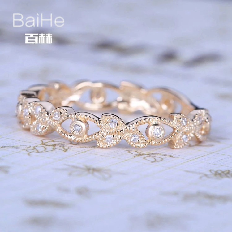 BAIHE Solid 14 К желтого золота(AU585) 0.15CT Certified H/SI круглый из натуральной со стразами Свадебные Для женщин Мода Fine Jewelry Кольцо