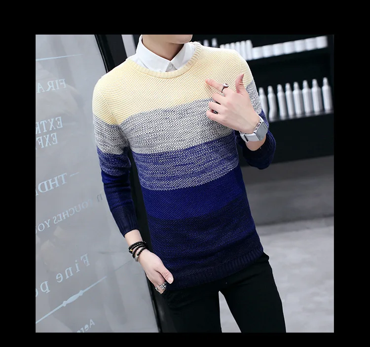 Модный мужской теплый зимний комплект с круглым воротником, Вязаные Рубашки/мужские высококачественные полосатые облегающие свитера для отдыха, S-XXL