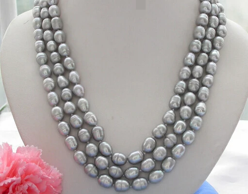 Мисс очарование Jew.585 3row серый рис пресноводные искусственные ожерелье перлы AAA