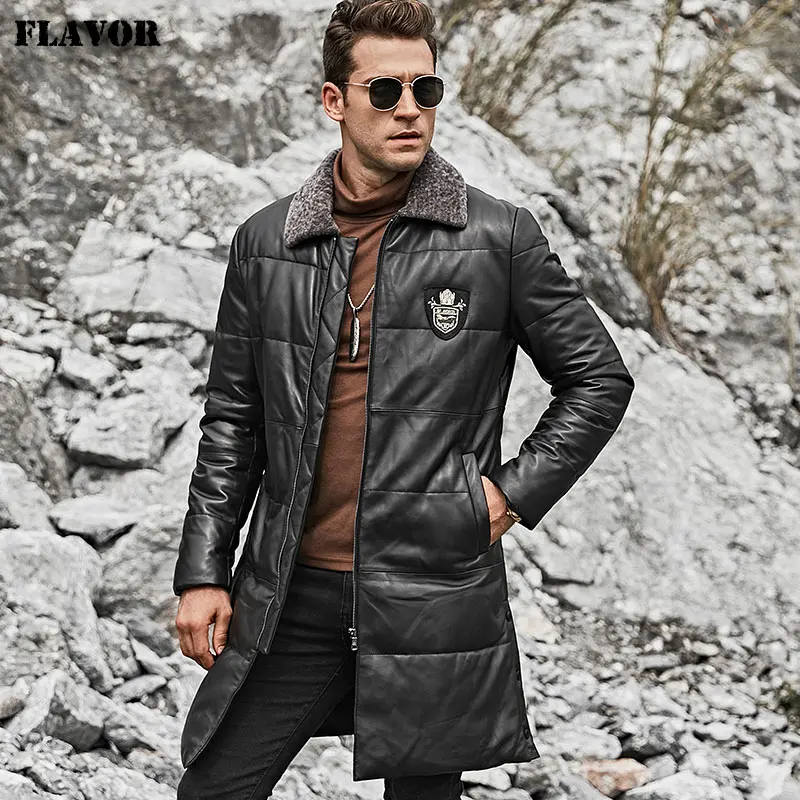 

FLAVOR Men's Real Leather Down Coat Men Genuine Lambskin Winter Warm Leather Jacket with Removable Sheep Fur Collar