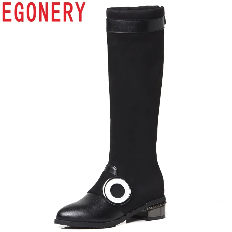 

EGONERY size 32-43 knee high boots 2018 new concise round toe med square heel zipper metal decoration flock black women shoes
