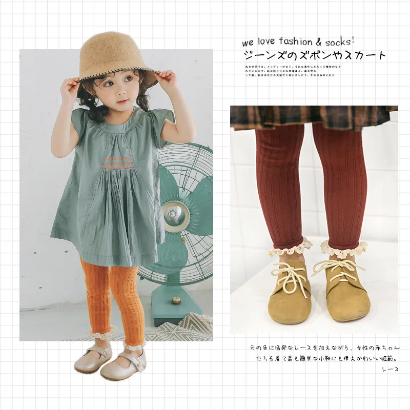 

Cute Kid's Ninth Pants 3-8 Years Old 100-140cm Height Spring And Autumn Panty Hose Lace Hem Middle Waist Trousers For Girls