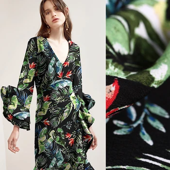 

130CM Wide 240G/M Green Leaves Print Black Cotton Fabric for Summer Spring Autumn Jacket Shirt Clothes DE724