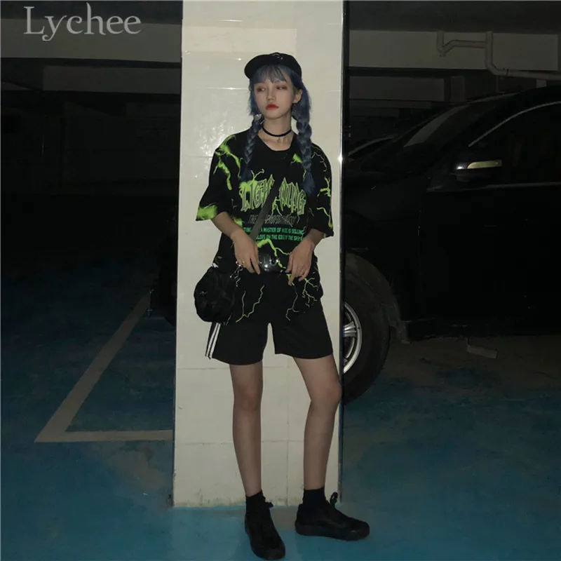 Lychee Harajuku, женская футболка с принтом молнии и буквами, Повседневная Свободная футболка с круглым вырезом и коротким рукавом, женская футболка