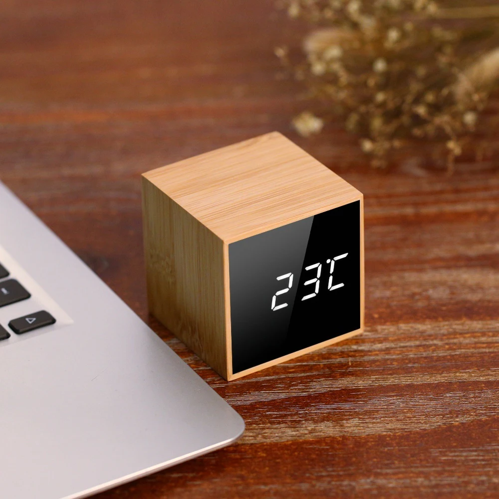 Цифровой светодиодный бамбуковый Деревянный Будильник квадратные часы многофункциональные бесшумные зеркальные часы