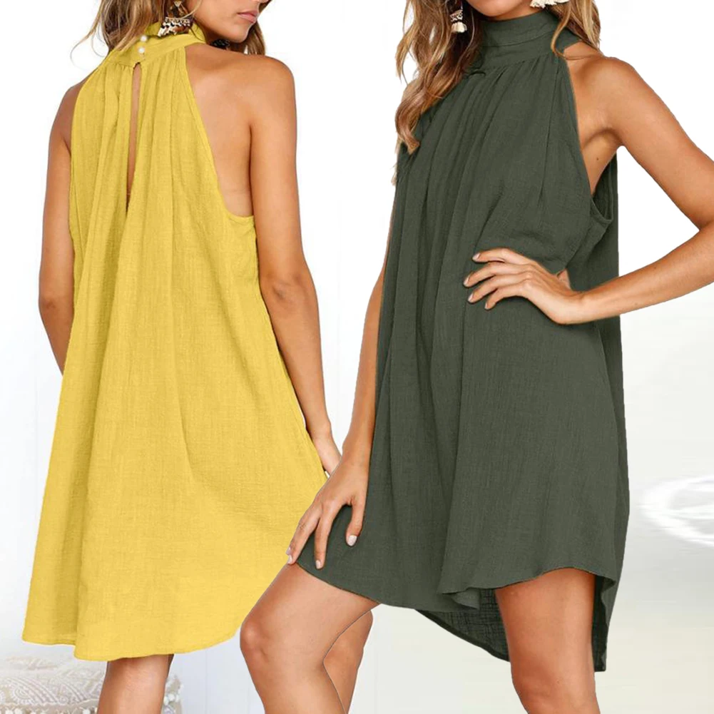 Loose Dress Women Summer  Round Neck Fold Cotton Sleeveless Solid Color Casual Vest Dress Women