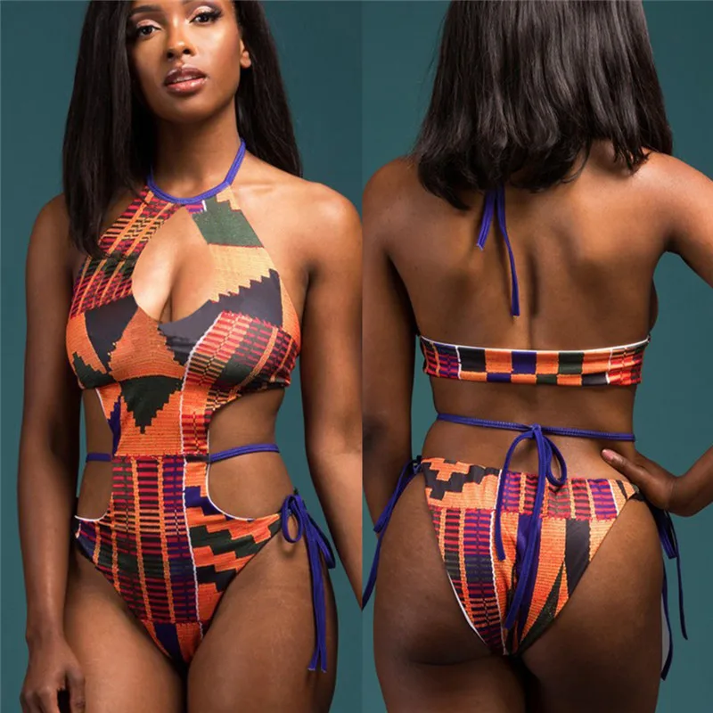 

Deep V Women Swimwear 2019 Summer One Piece Swimsuit Women Ethnic Style Push Up Beachwear Yellow Patchwork Bathing Suit Female