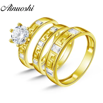

AINUOSHI Real Gold TRIO Rings Set Engagement Jewelry 14K Solid Yellow Gold Couple Rings Emerald Cut Wedding Band Bridal Ring Set