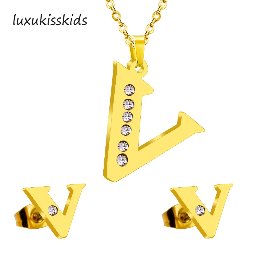 LUXUKISSKIDS Hot New Simple Letter V Jewelry Sets Gold color Shiny