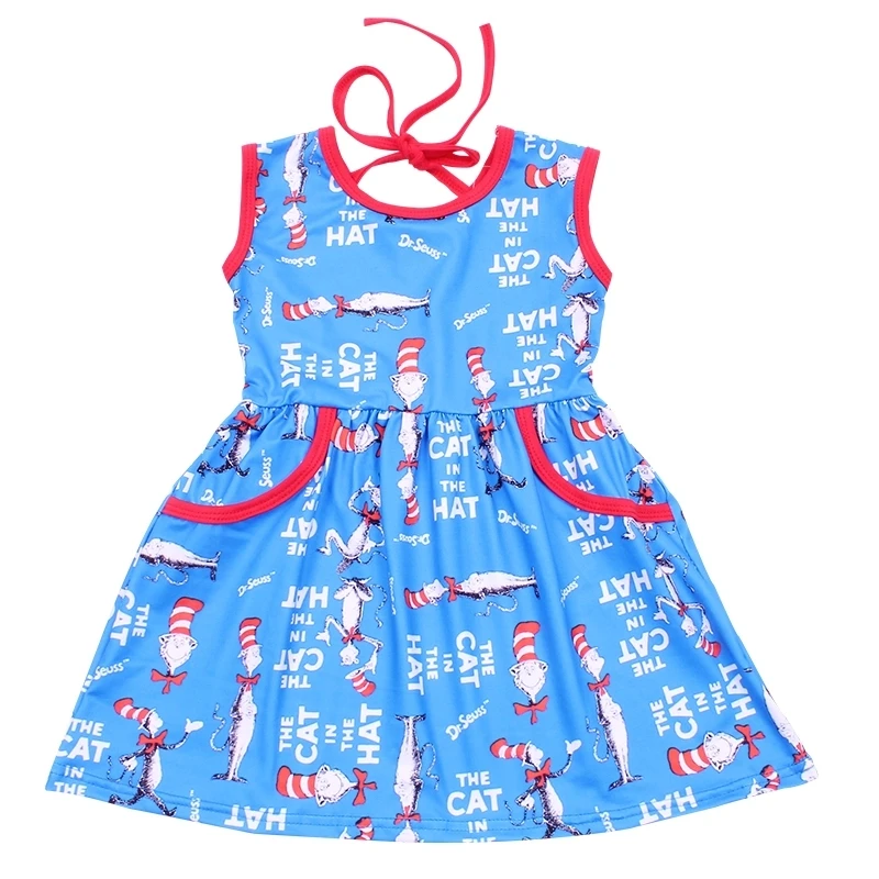 

Blue girl dress cartoon printed toddler clothing halter infant frocks contrast color binding baby pocket dresses summer