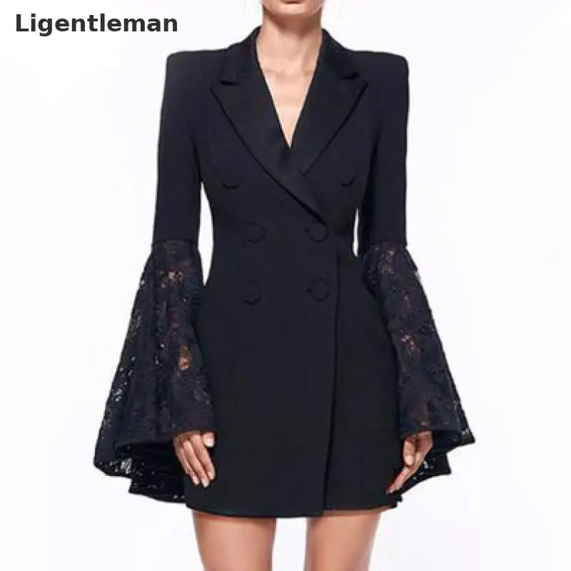 

Spring Large Size New Women Coat Lapel Double-breasted Trumpet Sleeves Long Paragraph Small Suit Jacket Business Wear Plus Size
