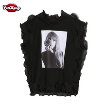 Лето г. для женщин sexy street черный, белый цвет Раффлед рукавов Свободные Футболка с принтом для девочек вечерние футболки