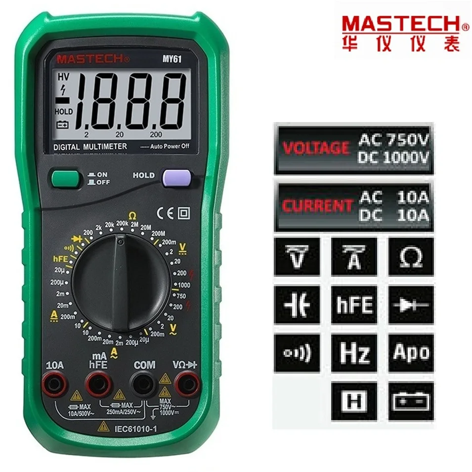 

1pcs MASTECH MY61 AC/DC Professional Electric Handheld Tester Meter Digital Multimeter Voltmeter Ohm Electrical Tester