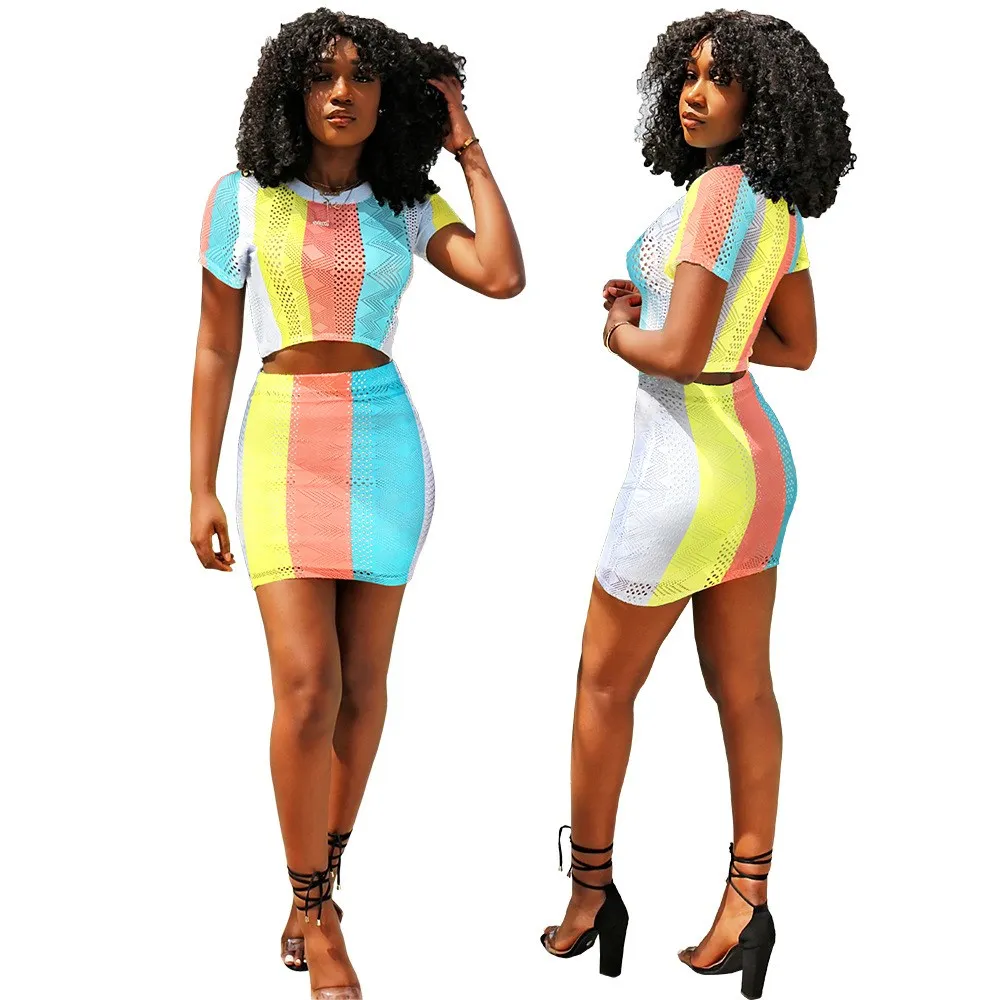 

Women Striped Printed Two Piece Set Short Sleeve Crop Tops Fishnet Skirts Sexy Suits Casual 2 Piece Clothing Summer Outfits