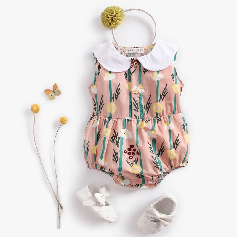 

Cukoe Cute Newborn Baby Bodysuit Clothes Sleeveless Peter Pan Collar Girls Clothing 0-3T Floral Print Overall