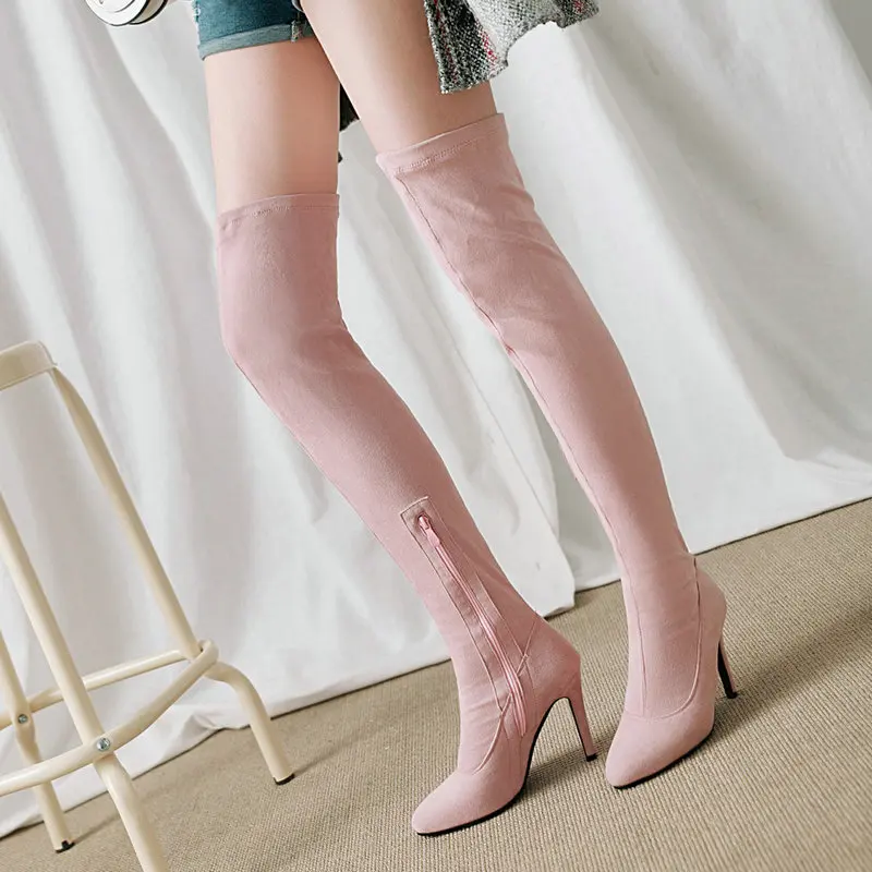 

Ladies Faux Suede Sexy Thin High Heel Over the Knee Boots Fashion Zipper Pointed Toe Women Fall Winter Thigh Boots Black Gray